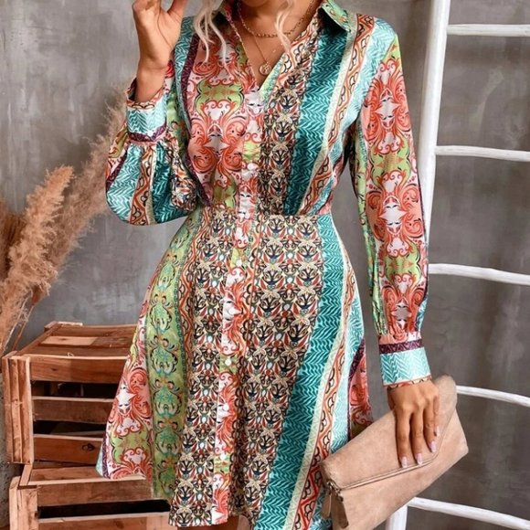 Print Button Front Long sleeve Boho Shirt Dress - Picture 3 of 6
